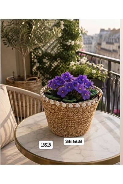 SHLM TEKSTİL 15x15 El Dokuması Hasır Jüt Dekoratif Saksılık