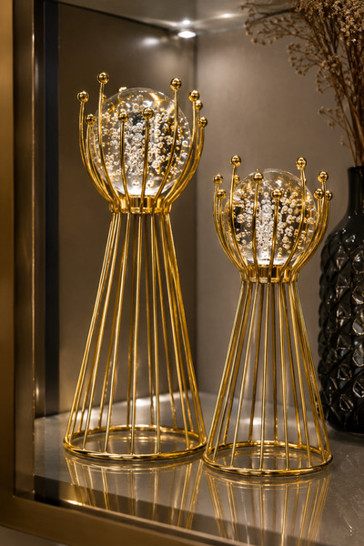Vien Home Lüks Gold Metal Cam Küre Dekoratif Obje Seti – 2'li Modern Salon ve...