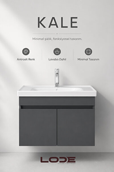 LODE Bath KALE 70Cm Antrasit Demonte Lavabolu Alt Banyo Dolabı, Seramik Lavab...