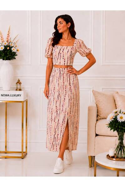 Nowa luxury KADIN KARE YAKA YAKA CROP VE HAFİF YIRTMAÇLI ETEK İKİ'Lİ TAKIM