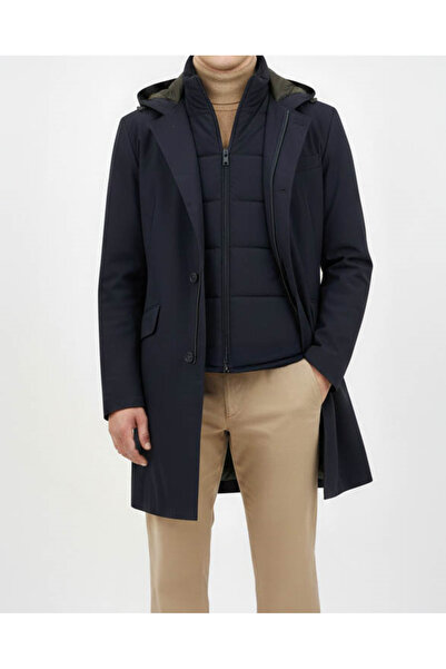 TerziAdemAltun Italian Style Slim Fit Men's Hooded Long Coat Navy Blue T13087