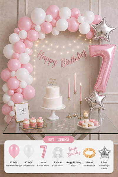 Baloncu Nene 7 Yaş Pastel Pembe Beyaz Doğum Günü Süsleme Seti Kız Çocuk Pembe...
