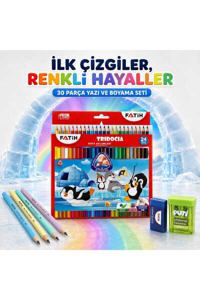 Fatih Tridocia 30 Parça Üçgen Kalem Seti – 24 Renk Kuru Boya, 4 İlk Kalemim G...