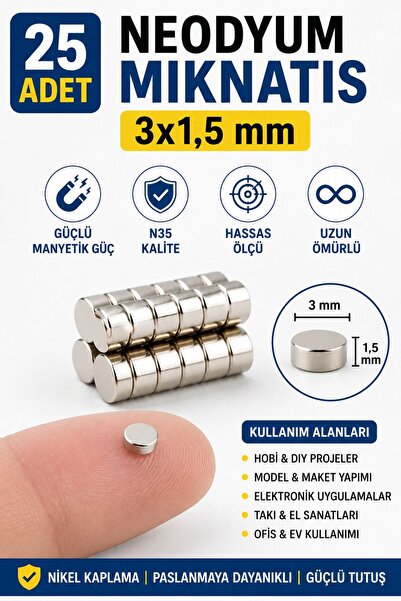 Dünya Magnet 25 Adet Neodyum Mıknatıs 3x1,5 mm N35 Güçlü Yuvarlak Magnet Mini...