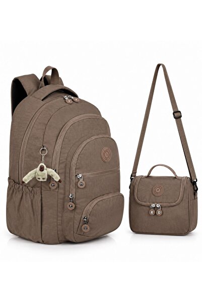 ÇANTAM GELSİN Set of 2 Crinkle Fabric School Backpack + Lunch Bag, with Monke...
