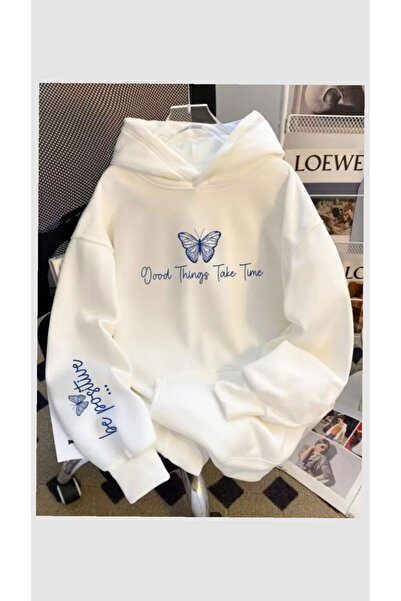 classy moda Unisex Front Butterfly Printed Hooded 3-Thread Combed Cotton Swea...