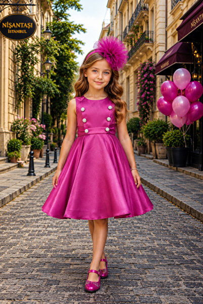 Mialora Buttoned, Accessorized, Girls' Evening Dress, Birthday and Party Dress