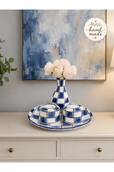 daiza home Collection Series Hand Made Salon Tabak Seti Lacivert Damalı