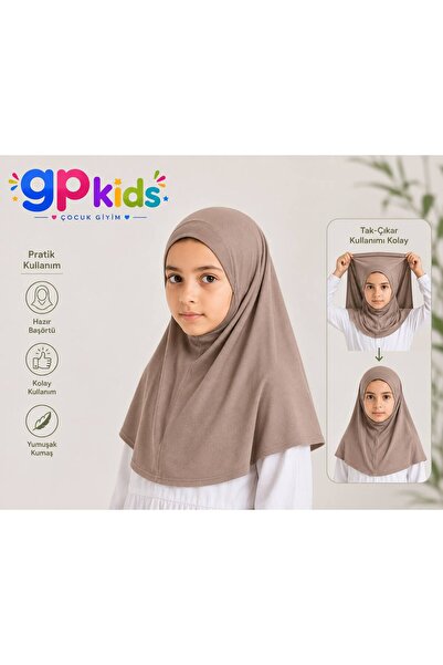 GP Kids Kız Çocuk Pratik Başörtü Penye Hazır Eşarp Mina Model KOYU BEJ