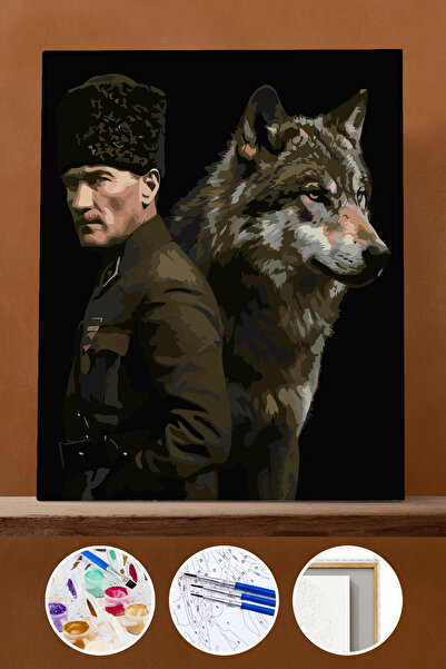 Pastelya Sayılarla Boyama Seti Çerçeveli Kasnaklı Atatürk ve Kurt 1 40 x 50 cm