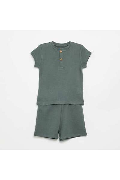 KIABI Ribbed knit 2-piece short pajamas GREEN
