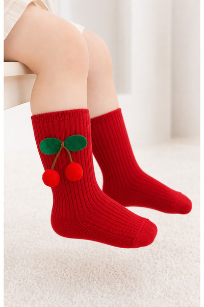 ESES BEBE جوارب قطنية للركبة من نوع Cherry Pompon للفتيات الصغيرات من عمر 0-5...