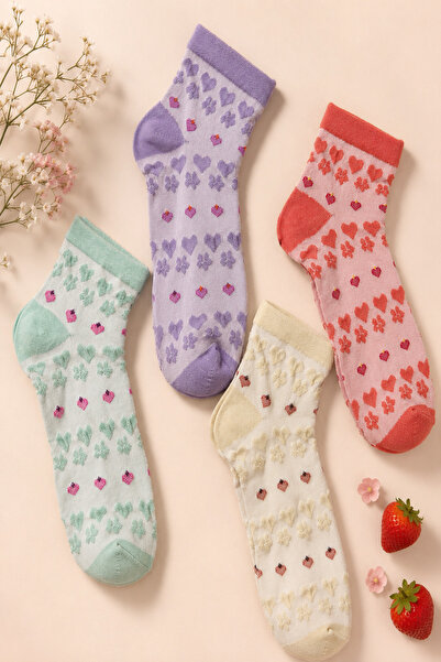 Meguca Socks 4 Çift Kadın Renkli Bambu Kalpli Çilek Desenli Çorap Seti