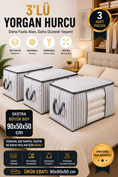 Ferzin 3'lü EN BÜYÜK BOY Gri Çizgili Yorgan Hurcu 90x50x50 cm - Büyük Boy Şeffaf Pencereli Fermuarlı Hurç Seti | Yorgan, Battaniye, Nevresim ve Yastık Saklama Düzenleyici