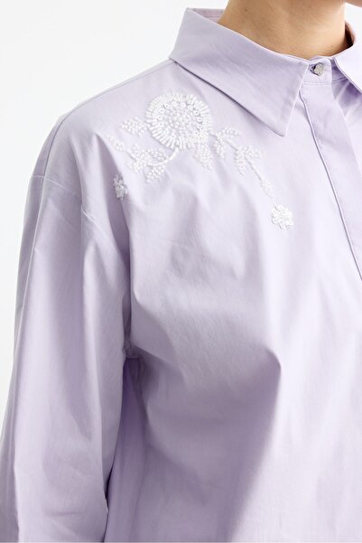 Tığ Triko Bead Detailed Poplin Shirt Lilac