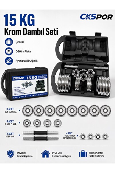 CKSPOR LUXURY CKSpor 15 Kg Çantalı Krom Dambıl Seti Döküm Plaka Ayarlanabilir...