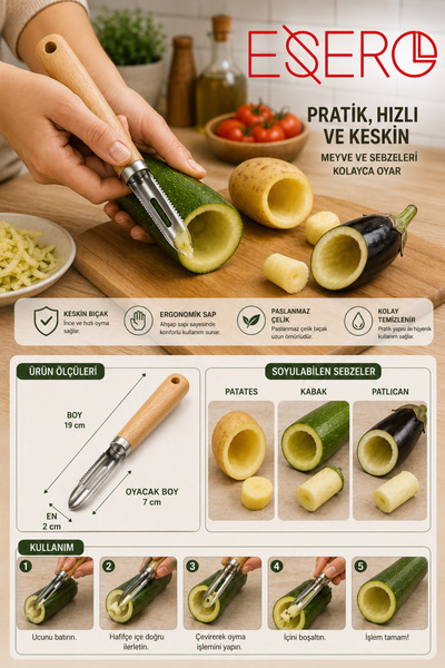 ESERO Premium Sebze Oyacağı Ahşap Saplı Kabak Patates Patlıcan Oyucu Ergonomi...