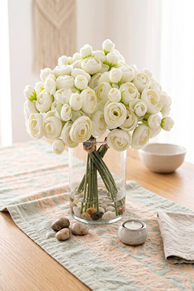 Yapay Çiçek Deposu Artificial Flower 9-Branch Muse Bud Peony Bunch 30 cm Cream