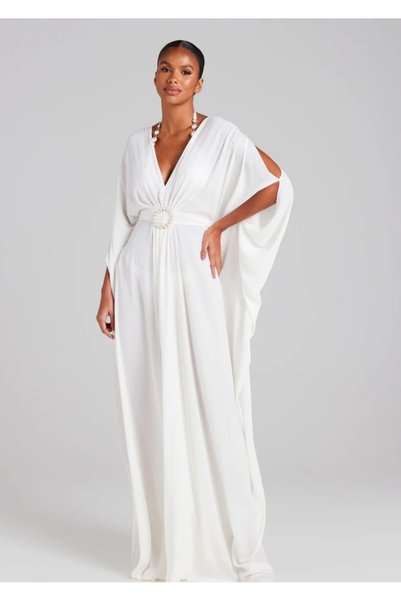 diğer 111 Serena White Kaftan, Chiffon White Kaftan, White Kaftan with Pearls, Stylish Pareo, Beachwear, Beach Dress