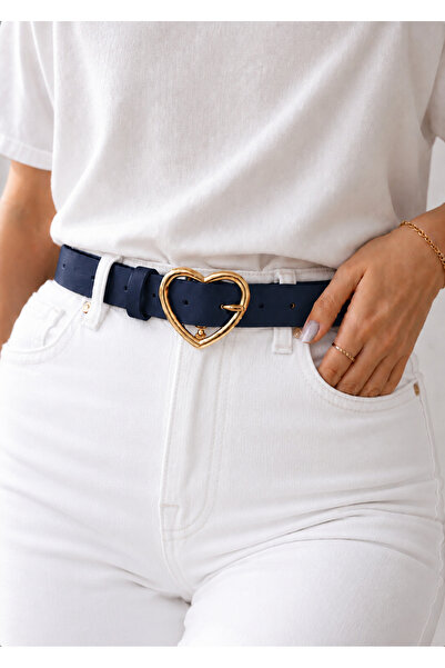 kemer krallığı Navy Blue Heart Buckle Women's Belt – Gold Buckle