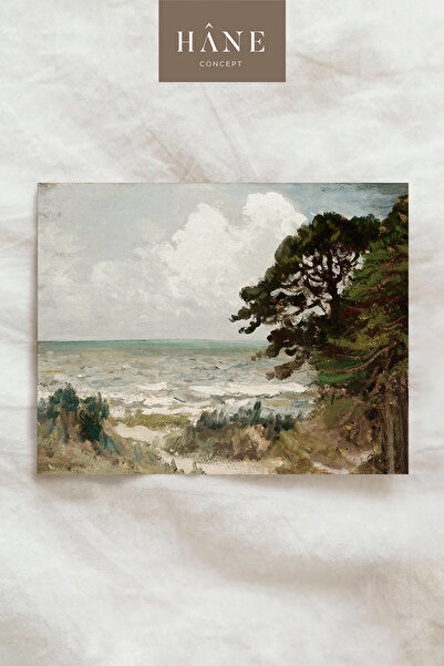 Vintage Seaside Poster, Windswept Pine Tree & Wavy Beach