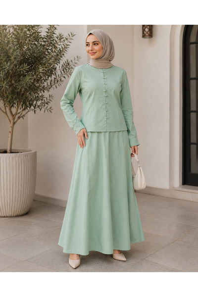 Libas lab - Mint Green Modest Co ord Set with Fabric Button Detail & Flared S...