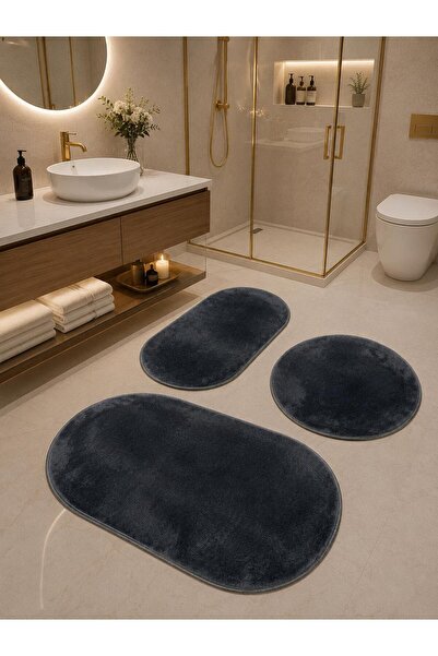 Lionhome Peluş Banyo Halısı 3'lü Set Renk Antrasit Kaymaz Taban yıkanabilir S...