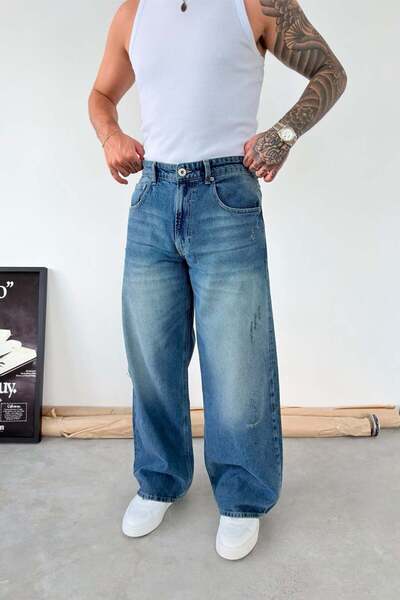 HAFKAGİYİM Plave poderane detaljne super široke pantalone