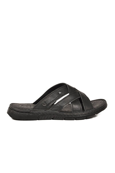 Castle Black Black Genuine Leather Men's Flat Slippers