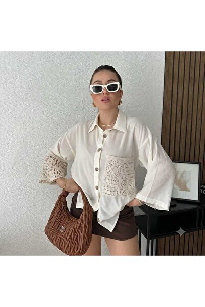 yussewear Yw Women's Stylish Shirt with Lace Pocket and Lace Sleeve Detail