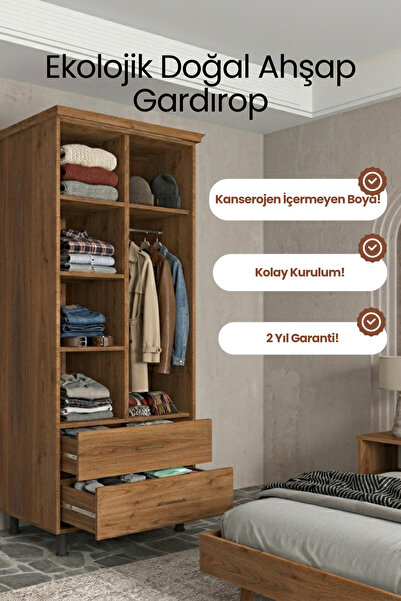 RENAZZO Softwood Masif Çam 2 Kapaklı Gardırop - 200 cm Yükseklik Doğal Ahşap ...