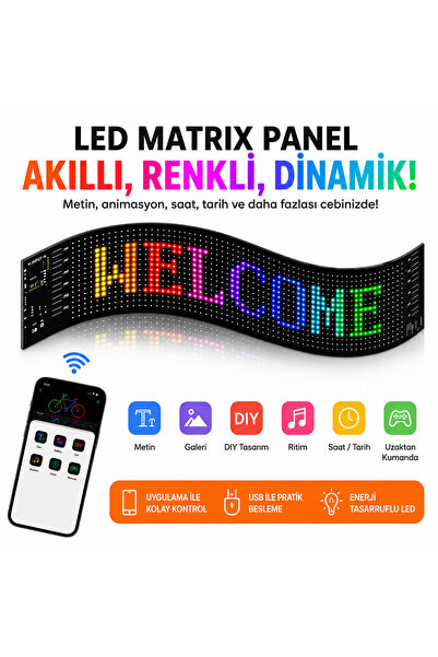 LED Yazı Matrix Panel RGB Kayan Yazı Ekranı 16x32 Bluetooth Uygulama Kontrollü USB Esnek Programlanabilir Araç Camı LED Tabela