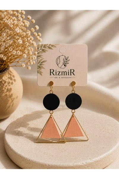 rizmir Women's Black and Salmon Geometric Triangle Dangle Earrings