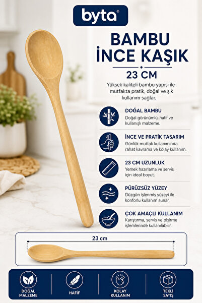 BYTA Uzun Boy Bambu Kaşık 23 cm İnce Kaşık Ergonomik Yüksek Kaliteli