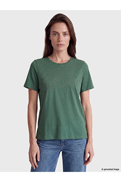 LC Waikiki Green Embroidered 100% Cotton Women's T-Shirt