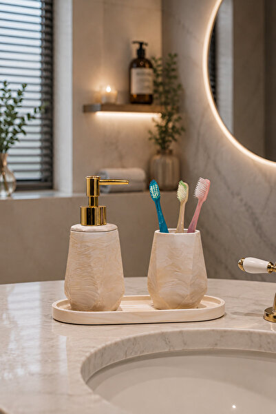 Lyzovi 3 Parça Mermer Desenli Lüks Banyo Seti | Sıvı Sabunluk, Fırçalık, Oval...