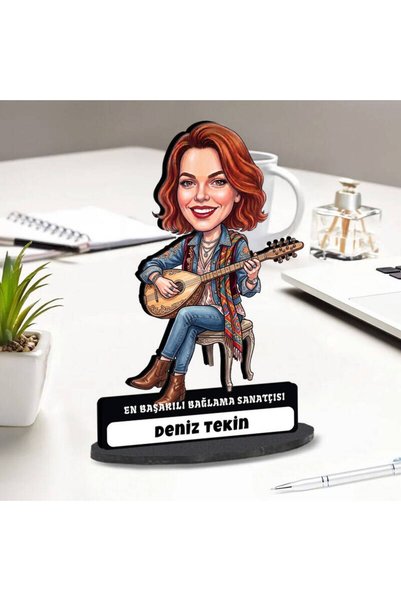 hediyemen Bağlama Sanatçısı Müzisyen Kadın Karikatürlü Biblo
