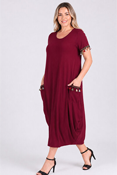 Curvy Trend Plus Size Wide Hem Short Sleeve Dress with Tassels on the Sleeves...