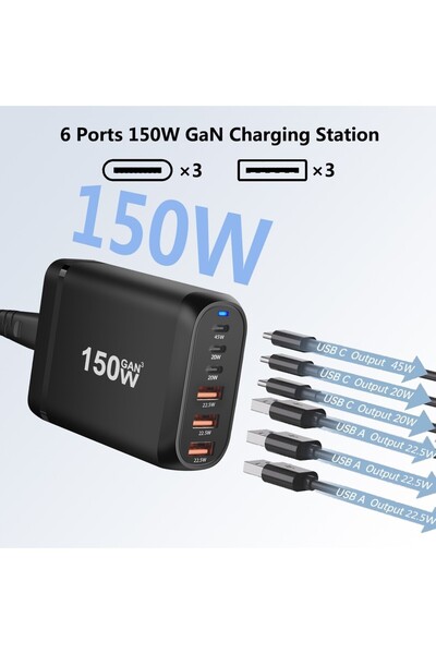 DUY 150W Gan Pro Masaüstü Hızlı Şarj Cihazı HS-352 - Pd Qc 3.0 Usb-C Usb-A Çoklu Port Laptop Telefon Şarj