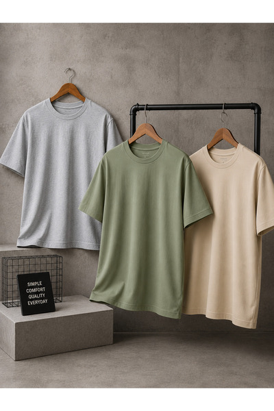 CAONNES 3 Color T-Shirt Set Summer Single Jersey Compact Oversize Basic Crew ...