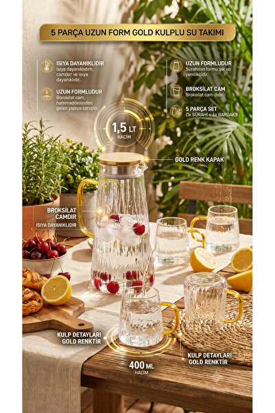 RİVO HOME DECOR 5 Parça Borosilikat Cam Su Takımı - 1.5 L Kapaklı Sürahi ve 4...