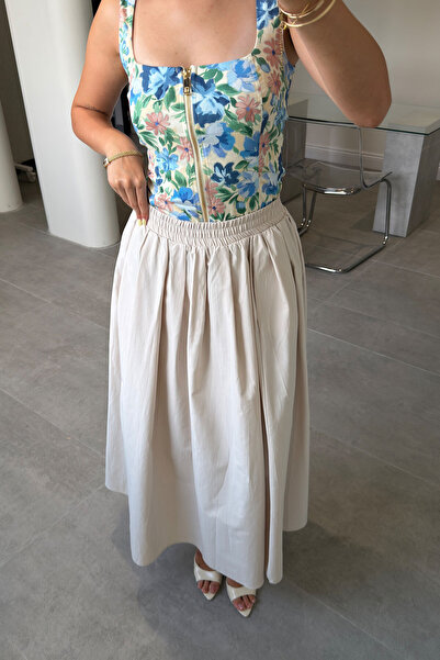 MAGARDE Poplin Skirt with Elastic Waist and Pocket Detail - Beige