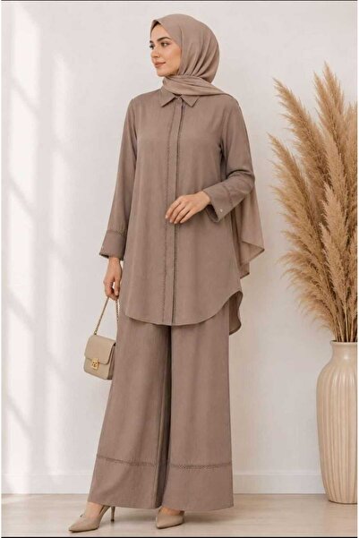Armine TREND Shirt Collar Embroidered Tunic Elastic Waist Wide Leg Pants