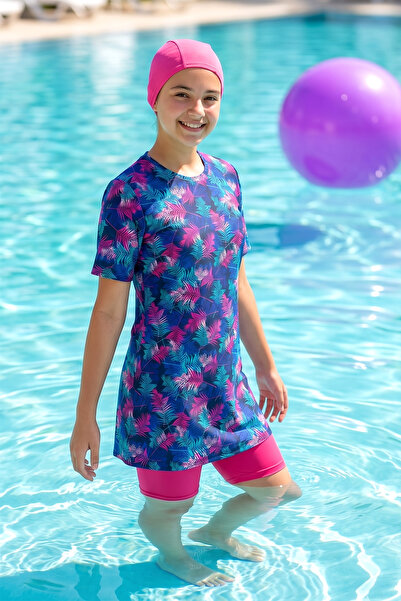Haliç Mayo Short Sleeve Top and Tights Young Girls' Swimsuit 3586 Navy Blue01