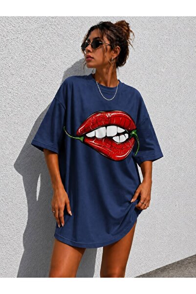 classy moda Women's Lip&Pepper Printed Oversize Crew Neck Tunic T-Shirt