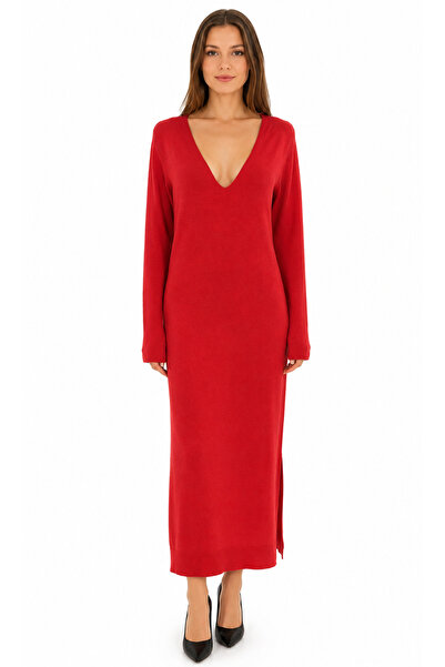 Neden Tekstil V-Neck Women's Red Knitwear Long Dress