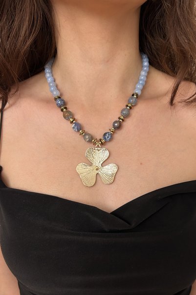 Suerte Accessories Akuamarin ve Akik Doğal Taş Çelik Yonca Uçlu Hematit Doğal...