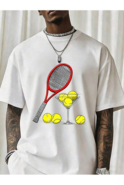 NOURAM Tennis Racket Balls Martini Glass Graphic T Shirt Men Casual Short Sle...
