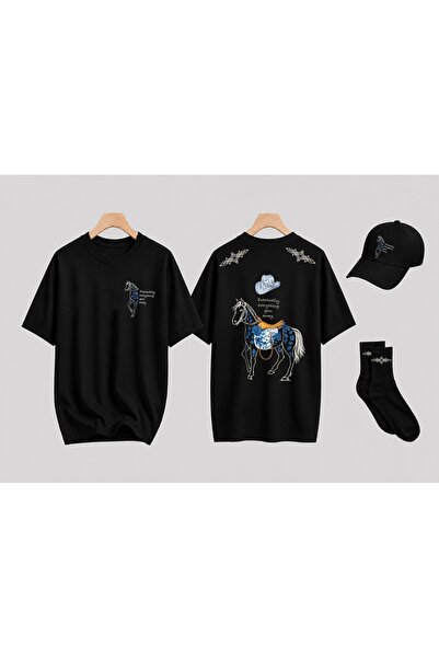 ZAVIXO Unisex Oversize Western Horse Printed Premium 3-Piece Set – T-Shirt, H...