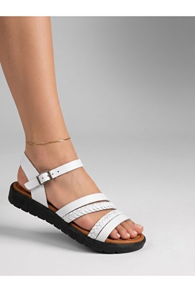 Rüya Shoes صندل نسائي من الجلد الطبيعي بتفاصيل محبوكة
